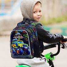 背包，13 英寸男孩书包带午餐盒，儿童学校背包套装，适合小学学龄前儿童 - 越野车