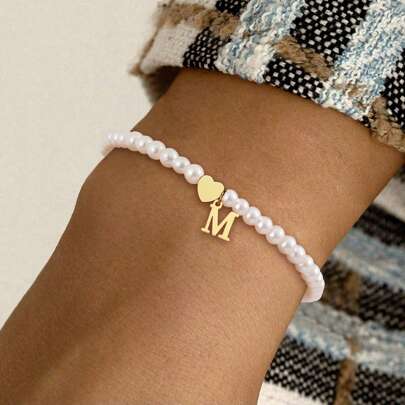 Nouveau bracelet de luxe avec pendentif cœur et initiale, perles de 4 mm pour femmes