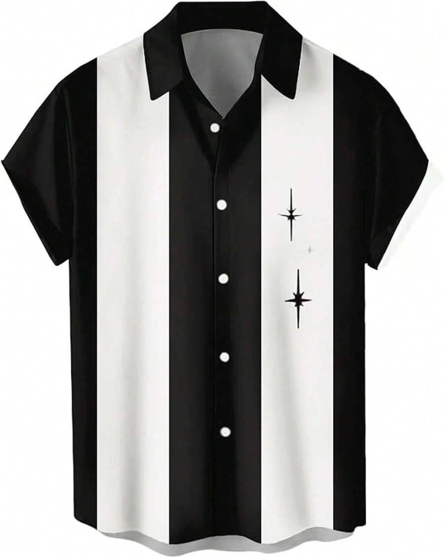 Vintage 1950s Casual Short Sleeve Button Up Contrast Summer Color Block Cuban Bowling Shirts Men - 星星 - 查看 1