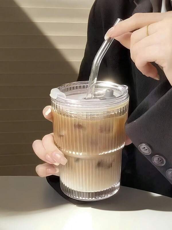 1pc,Coffee Cup, Ins Style Vertical Striped Glass Straw Cup, Highly Attractive Milk Cup, Household Beverage Water Cup, Beer Cup, Whiskey Glass,Striped Glass Cup ,Drinkware/Drinkware/ Glass/ Decorative Ornament Cup/Cups/Wedding/Room Decor/Kitchen Accessories/Bedroom Decor/Bathroom Accessories/Kitchen/Home Decor/Garden/Holiday Essentials/Home/Room Decor Bedroom/Teacher Gifts/Travel Essentials/Camping/Car Accessories