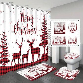 [Popular Choice] 1pc/4pcs Bathroom Shower Curtain Set, Home Decor, Christmas Tree & Reindeer Plaid Pattern, Classic Minimalist Bathroom Set, Comes With 12 Hooks