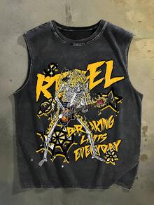 Street Rock Fan! Sleeveless T-Shirt Skull Guitar Printing, "BREAKING LIMITS" Text, Old Washing, Pure Cotton Material, To Create A Rock  To Wear! - 黑色 - 查看 1