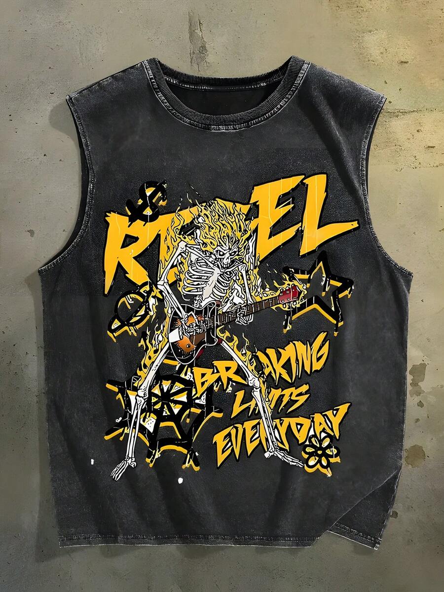 Street Rock Fan! Sleeveless T-Shirt Skull Guitar Printing, "BREAKING LIMITS" Text, Old Washing, Pure Cotton Material, To Create A Rock  To Wear! - 黑色 - 查看 1