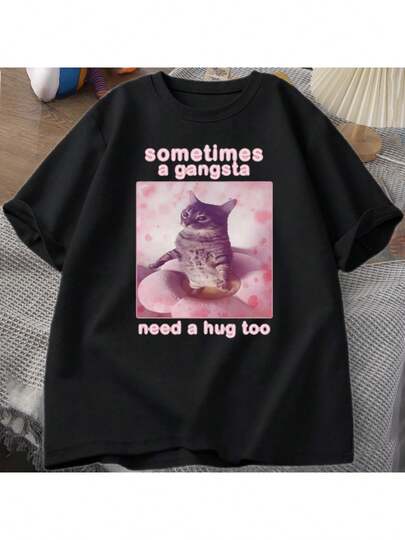 Camiseta de meme de gato divertido 'A veces un gangsta necesita un abrazo' - 100% algodón, ajuste cómodo para hombres y mujeres, perfecta para uso diario y salidas casuales