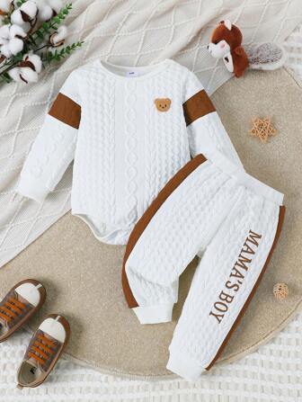 3pcs Baby Boys' Knit Textured Patchwork Bear Embroidered Bodysuit, Ribbed Hem Pants And Comfortable High-Quality Casual Outfit Set