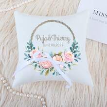Customizable Wedding Ring Pillow, White Square Personalized Ring Holder, Western Style, Bridal, Floral, Personalized Name Letter Date Ring Pillow, Scandinavian Style, Wedding Merch, Party Top, Anniversary Gift - White - View 2