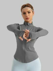 1 pieza Chaqueta de yoga de mujer de moda de primavera, sexy y delgada, unicolor, para uso diario, gimnasio, deportes, running, fitness, secado rápido, de bajo impacto, con cuello alto, abertura para el pulgar, para vacaciones, con cremallera, de manga larga, cómoda y suave, para deportes de verano al aire libre
