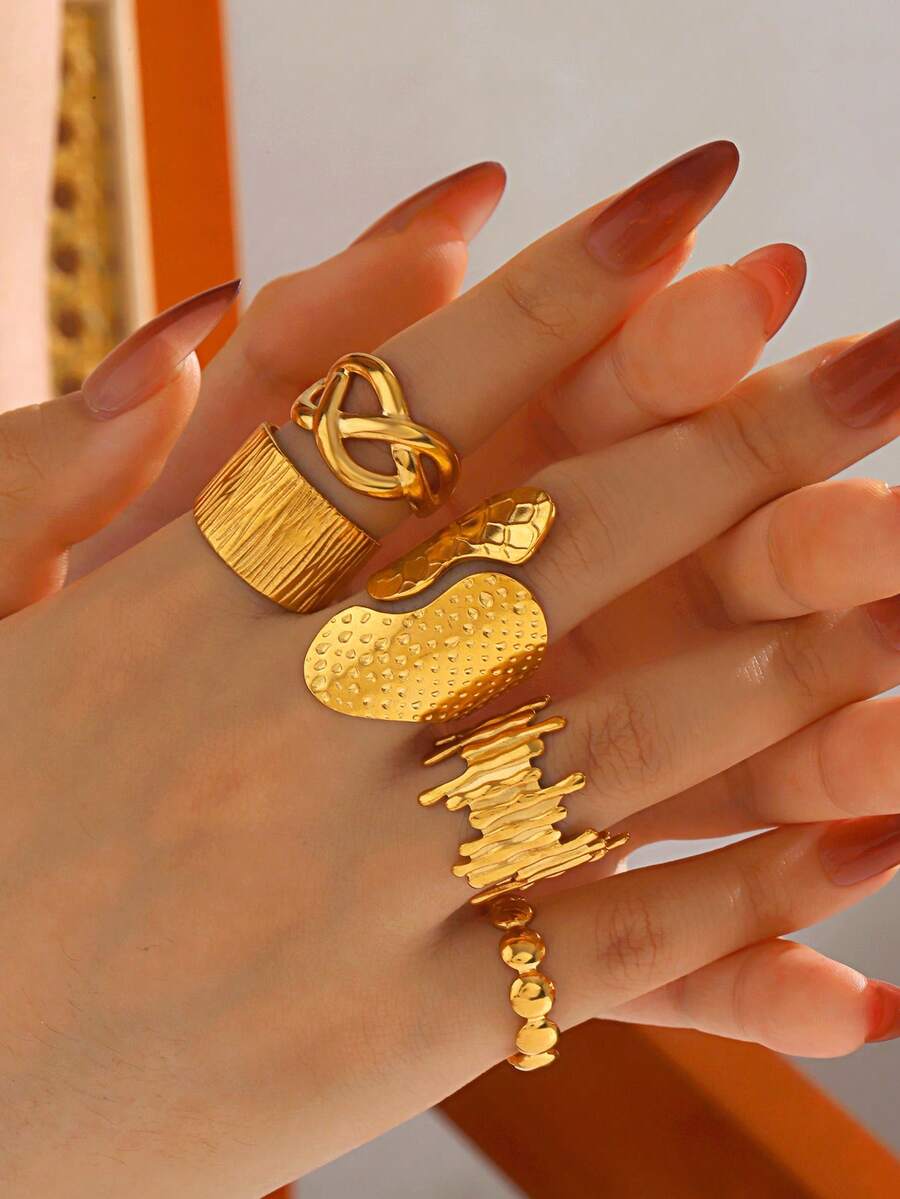 5 对套装 18k 镀金不锈钢夸张粗线开口戒指，适合女性日常佩戴的时尚珠宝 - 彩色 - 查看 1