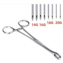 Kit de piercing cu 9 bucăți, ace, cleme, forceps și mănuși asortate - ideal pentru urechi, nas, buric, limbă, mamelon, sprâncene și buze 14G/16G/18G/20G