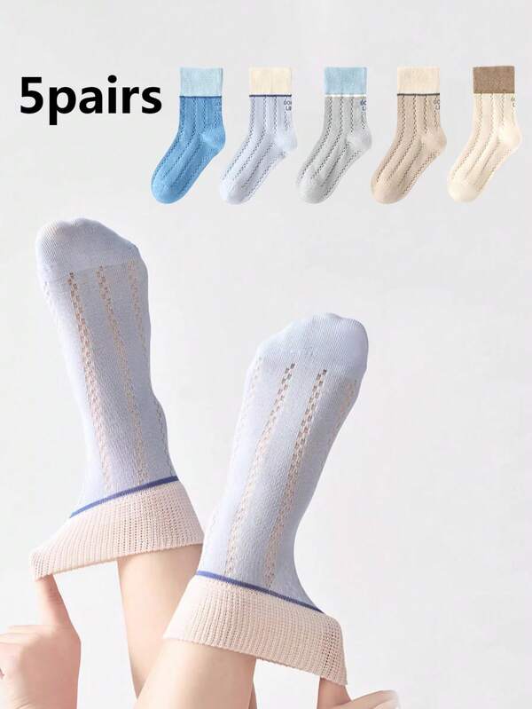 5 Pares de Meias Esportivas para Adolescentes, de Cores Claras Contrastantes, Simples, Respiráveis e Confortáveis
