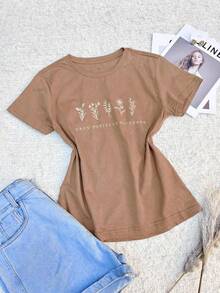 Women's Cotton Crew Neck Simple 100% Cotton Casual Fashion Grass Pattern T-Shirt Blouse - 卡其色 - 查看 3