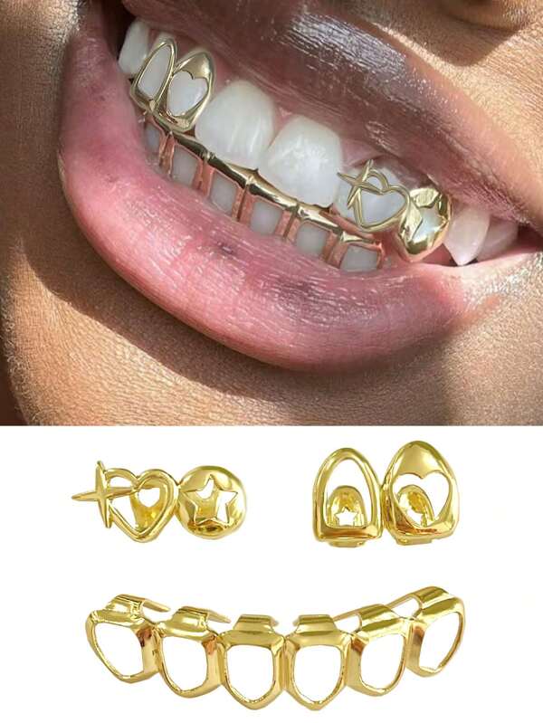 1 Set Fashionable Hollow Heart & Star Tooth Grillz, DIY Combination Hollow Open Face Hiphop Tooth Jewelry Set, Suitable For Festivals, Parties, And Daily Wear
