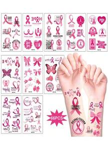 10 Sheets Breast Cancer Awareness Temporary Tattoos Pink Ribbon Tattoos Stickers Breast Cancer Survivor Gifts Stickers Waterproof Butterflies Pink Ribbon Fake Tattoos For Party Supplies