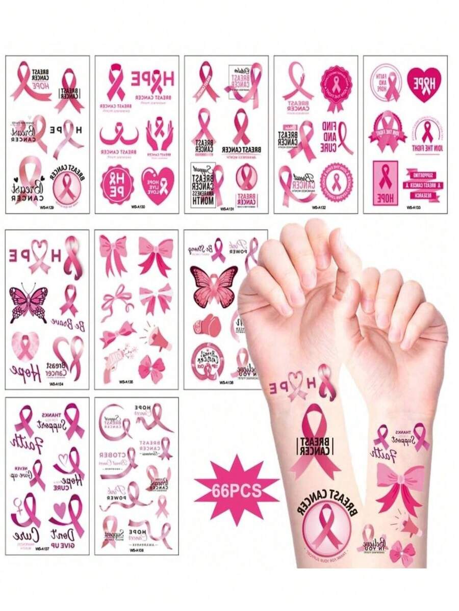 10 Sheets Breast Cancer Awareness Temporary Tattoos Pink Ribbon Tattoos Stickers Breast Cancer Survivor Gifts Stickers Waterproof Butterflies Pink Ribbon Fake Tattoos For Party Supplies