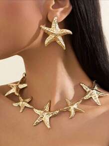3pcs/Set Fashionable Metallic Texture Starfish Earrings And Necklace Set, Metallic Starfish Stud Earrings, Suitable For Beach Outfits