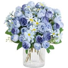 1支/2支/3支/30支装秋季装饰人造玫瑰花束，丝绸菊花牡丹仿真植物，情人节礼物，生日派对装饰，婚礼花篮，新娘捧花，家居装饰，餐厅，卧室，窗台，花瓶装饰，新年装饰，户外花园，返校季 - 藍色1 - 查看 7