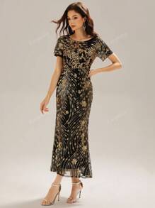 Vestido formal de lujo de manga corta para la madre de la novia o eventos de noche