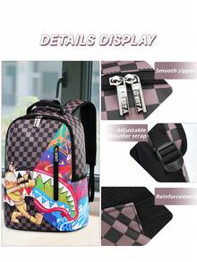 1 件格子印花背包，大容量多隔层设计，涤纶衬里，可调节舒适肩带，侧袋可放置水瓶和雨伞，适合日常使用和旅行，时尚防水涤纶背包，返校季节的绝佳礼物 - 彩色 - 查看 4