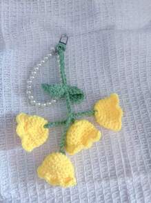1pc Handmade Crochet Lily Of The Valley Keychain With Pearl Chain, Boho Style Bag Charm, Decorative Pendant For Backpacks Or Bags, Unique Birthday Gift Or Party Favor, 22cm (8.66 Inches) Length, Floral Design In Pastel Colors, Crochet Flowers