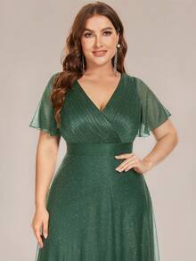 EVERPRETTY 大码优雅短袖V领长拖尾夏季连衣裙，蓝色伴娘正式礼服，新娘母亲礼服 - 綠色 - 查看 6