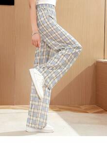 Pantalones de rayas a cuadros para mujer Pantalones sueltos de diario Casual Sports de pierna ancha - Azul - Ver 3