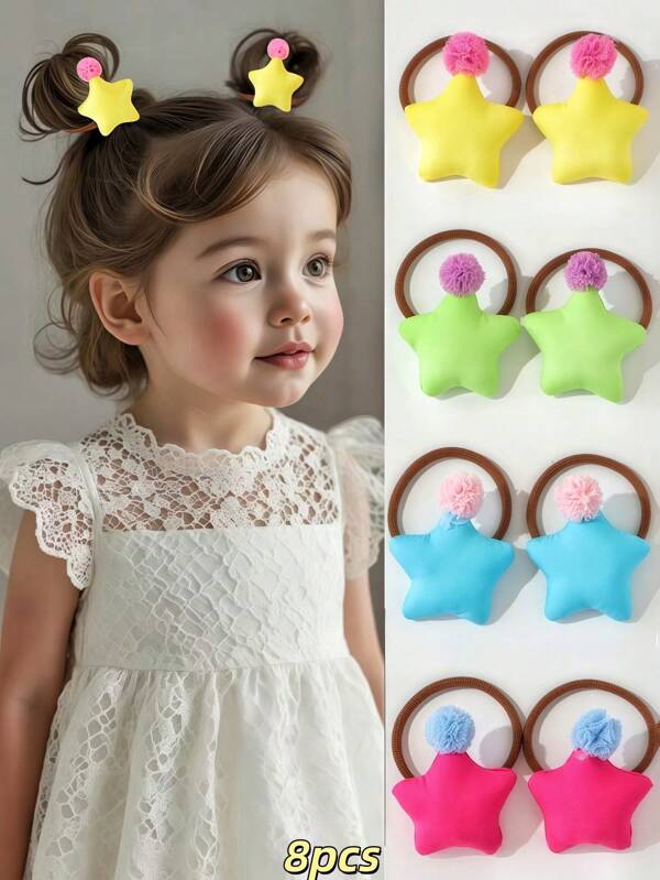 8pcs/Set Adorable Multicolor Dopamine-Themed Hair Scrunchies For Girls, Solid Color Padded Starfish Design Elastic Hair Ties, Gentle On Hair