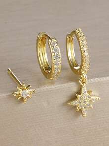 rakol 6pcs Set Elegant Shiny Copper-Tone Cubic Zirconia Star & Moon Earrings Set, Gift For Women - Style 7 - View 2