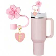 2 件/套心形和字母花卉可重复使用吸管盖，粉色杯字母标记，以及硅胶花卉吸管盖，适合 10 毫米大直径吸管，现代简约玻璃杯的可爱字母配件