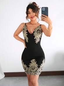 Vestido elegante con escote en Vy hombros descubiertos para mujer con bordado floral,Vestido estampado de tirantes finos - Negro - Ver 1