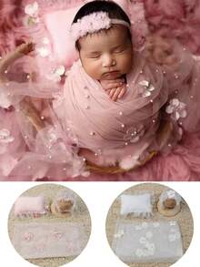 3 件套柔软蕾丝网珍珠包裹枕头和头带套装，白色粉色新生儿摄影道具襁褓枕头男孩女孩婴儿照片道具服装蕾丝帽拍摄摆姿配件 - 彩色 - 查看 1