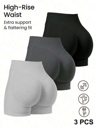 Women Sports Shorts 3-Pieces Set High Stretchy Seamless Shorts High Waist Tummy Control Women Gym Shorts, Yoga Shorts