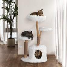 Rascador natural blanco de madera maciza y felpa, árbol para gatos con plataformas, cueva para acurrucarse y pelotas de juego, rascador estable para gatos de 109 cm para interiores.