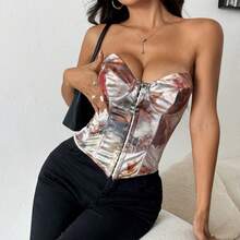 Retro Corset Print Chest Wrapped Fishbone Front Buckle Back Adjustable Strap Tight Corset - 卡其色 - 查看 3