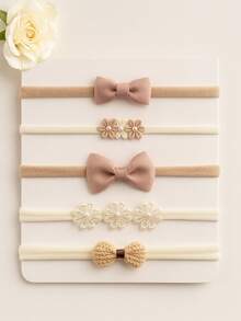 Kit de Boas-Vindas Laços Na Meia De Seda 5 Unidades Tiaras de Maternidade Bebê - Bege - Visão 1