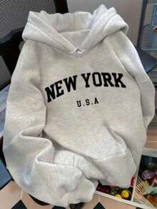 Sudadera con Capucha Casual de Color Sólido para Mujer - Poliéster, Lavable a Máquina, Bolsillo Canguro, Sudadera de Manga Larga con estampado de letras - Gris - Ver 1