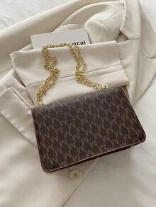 时尚字母印花链条肩带单肩包，百搭简约女士翻盖斜挎包