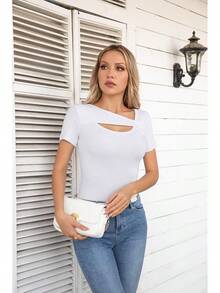 Womens Fashion Fall Cutout Long Sleeve Ribbed Slim Fitted Tops Shirts Tee Tshirts - 短白 - 查看 6