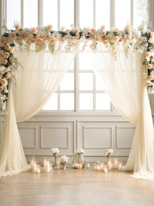 2/4pcs Beige Tulle Backdrop Curtains, Transparent/Sheer Background Curtains,DIY Rustic Wedding Accessories,Wedding Birthday Party Supplies,Valance Gauze For Romantic Wedding Bride Shower Birthday Party Background Decor, Holiday Party Photography Background Decor,Hanging Curtain Background Decor