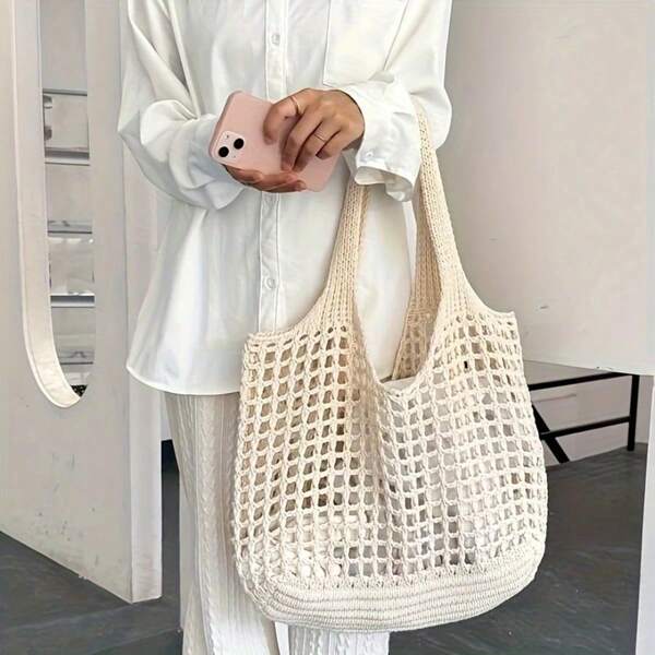 Y2K Style Large Capacity Fashion Woven Handbag - Hollow Out Shoulder Bag - Ultra-Light, Breathable, Spacious, Suitable For Casual Summer Travel And Beach Adventure
