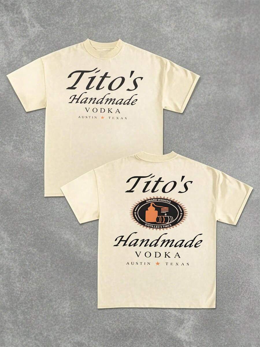 Tito's Handmade Vodka Double Sided Digital Printed Men's Casual 220g T Shirt 1pcs 100% Cotton Tee Austin Texas Graphic Tee - 杏色 - 查看 1