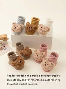 1 双婴儿可爱熊装饰棉质短袜，幼儿防滑室内袜 - 彩色 - 查看 4
