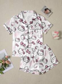 Sanrio Plus Size 3pcs Hello Kitty Silk Pajama Set, 97% Polyester 3% Elastane, Short Sleeve Button Front Lapel Bow Cartoon Cute Front Button Pocket Contrast Trim Sanrio, Outfits