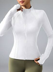 Women's Stand Collar Fitted Sports Jacket, Zipper Closure, Thumb Hole, Daily Wear, Fitness, Running, Yoga - White - View 4
