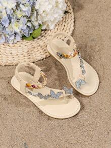 2025 New Style Children Sandals, Beach Sandals, Brand Name Sandals, Fashionable Beige Sandals, Rhinestone Sandals, Bohemian Style Sandals, Comfortable & Durable, Handwoven Shoelaces - Multicolor - View 2