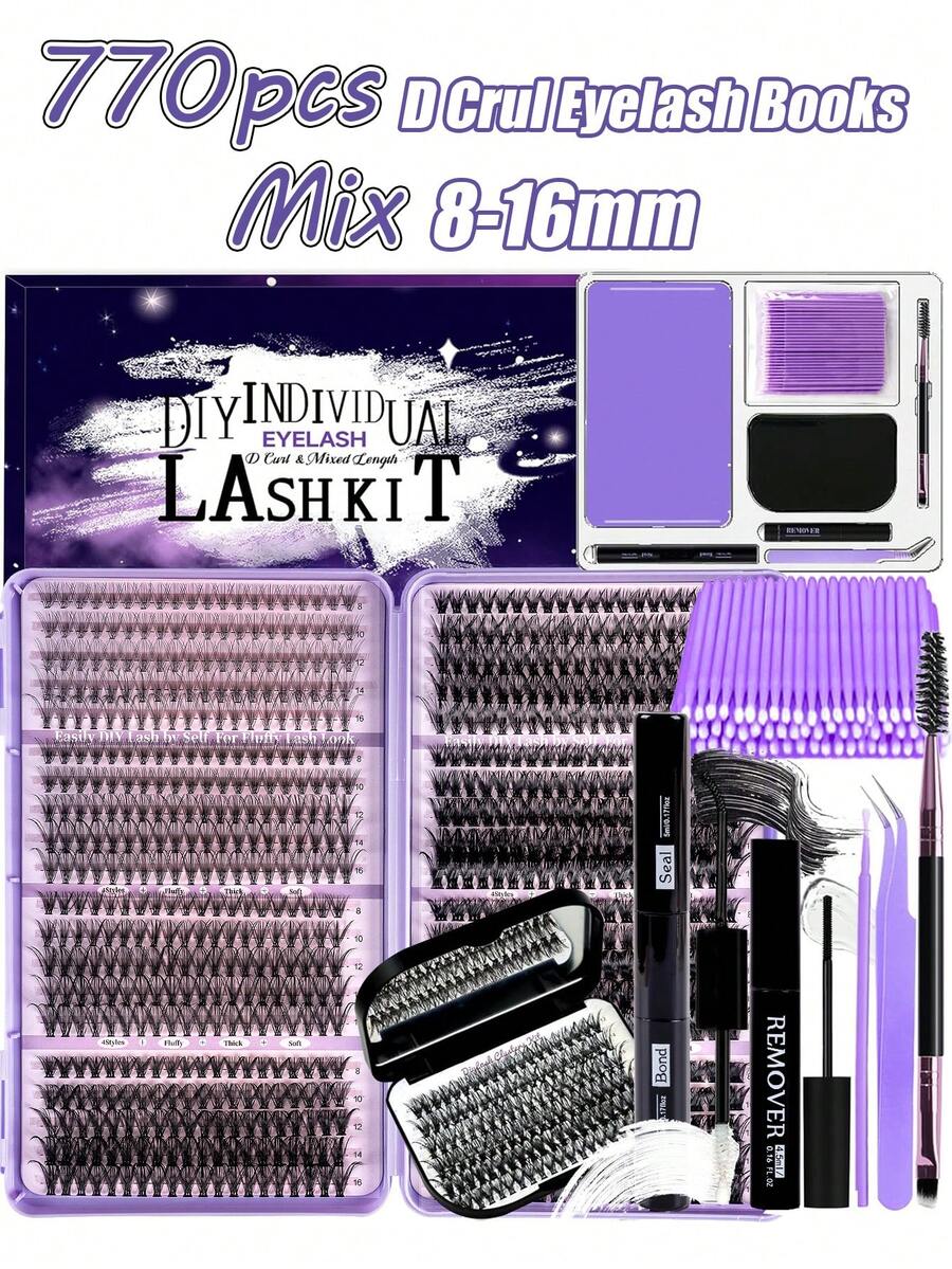 MEM DIY睫毛嫁接套装，770D卷翘单根睫毛嫁接套装，包含镜子、睫毛收纳盒、睫毛胶水和卸妆液、镊子、睫毛刷，适合初学者、旅行、日常佩戴、婚礼、约会、派对、节日等场合，也是圣诞节/万圣节/送礼佳品。