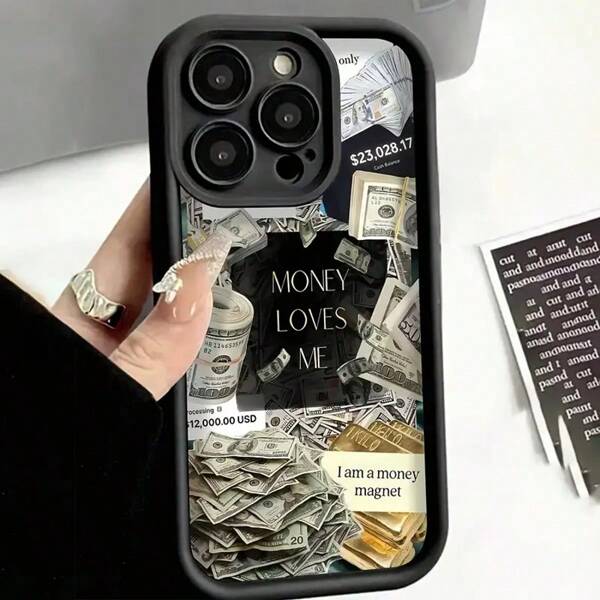 1pc Black Bamboo Lens Protection Stacked Dollar Print Waterproof Shockproof Non-Slip Soft Phone Case Cover, Compatible With Apple 16/15/14/13/12/11 Pro Max/7/8 Plus, Galaxy & Other Models