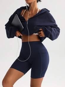 Women's Fashion Squat Proof Lounge Wear Summer Stretchy Comfortable Side-Pocket Butt-Lifting Waist-Shaping Leg-Enhancing Outdoor Running Yoga Pilates Outerwear/Layering Niche Design Aesthetic (Western Babe) Gym Essential Versatile Slimming Basic Activewear Shorts Three Pieces Set - màu đen - Xem 5