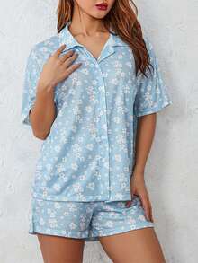 Women 2 Piece Pajamas Set Short Sleeve Floral Print Button Shirt Tops Shorts - Màu xanh lam - Xem 8