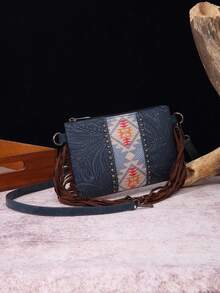 Fringed Crossbody Bag Intricate Embossing, Colorful Weave, Perfect For Adding Bohemian Vibe - 藍色 - 查看 3