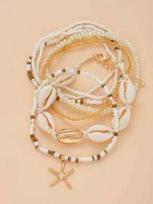 7pcs/Set Bohemian Style Rice Pearl Shell Starfish Element Women Anklets Summer Beach Resort Outdoor Party Accessories - 7pcs-6077901HB - View 3